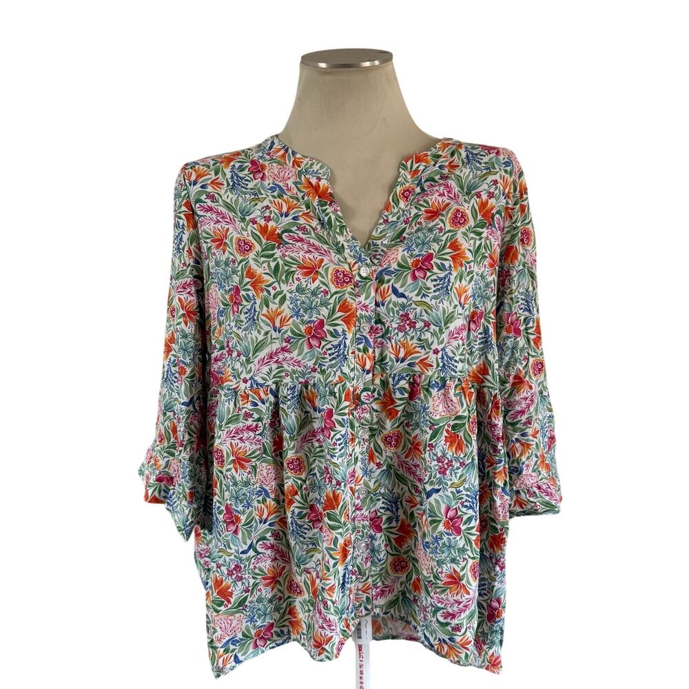 JNY Floral Linen Blend Blouse Plus Size 1X Cottagecore Garden Whimsy